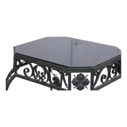 Wrought iron table / bedside table with black glass top.